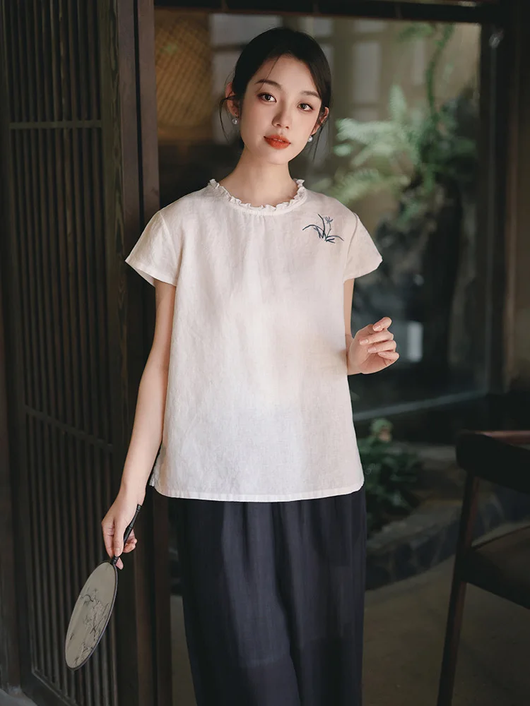 

Cute Linen Blouse Vintage Ruffled Neck Short Sleeve Embroidery Tops Summer Shirts Women