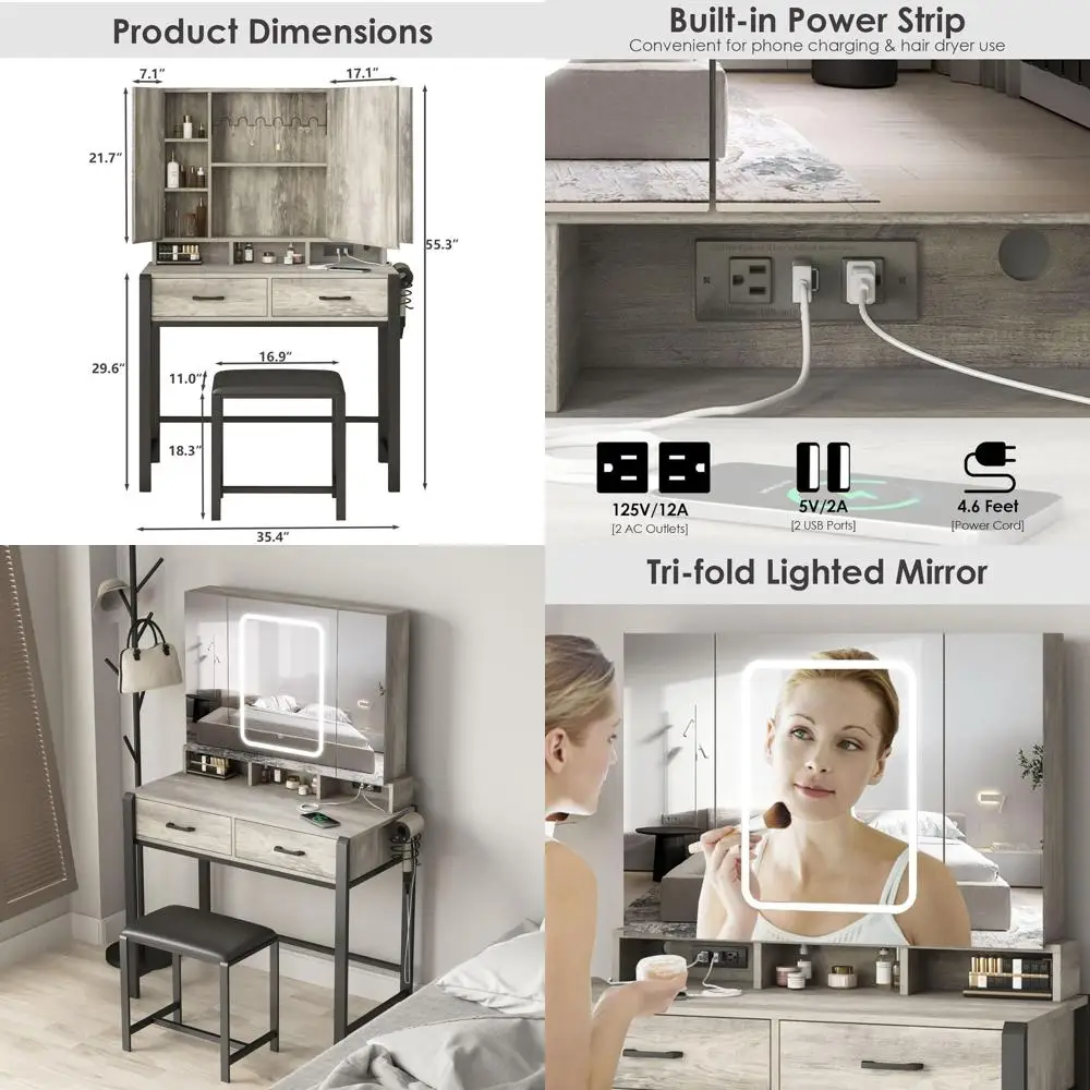

Illuminated Mirror Vanity Desk with Power Outlet and Storage, 3-Color LED Makeup Table, 35.4in Length