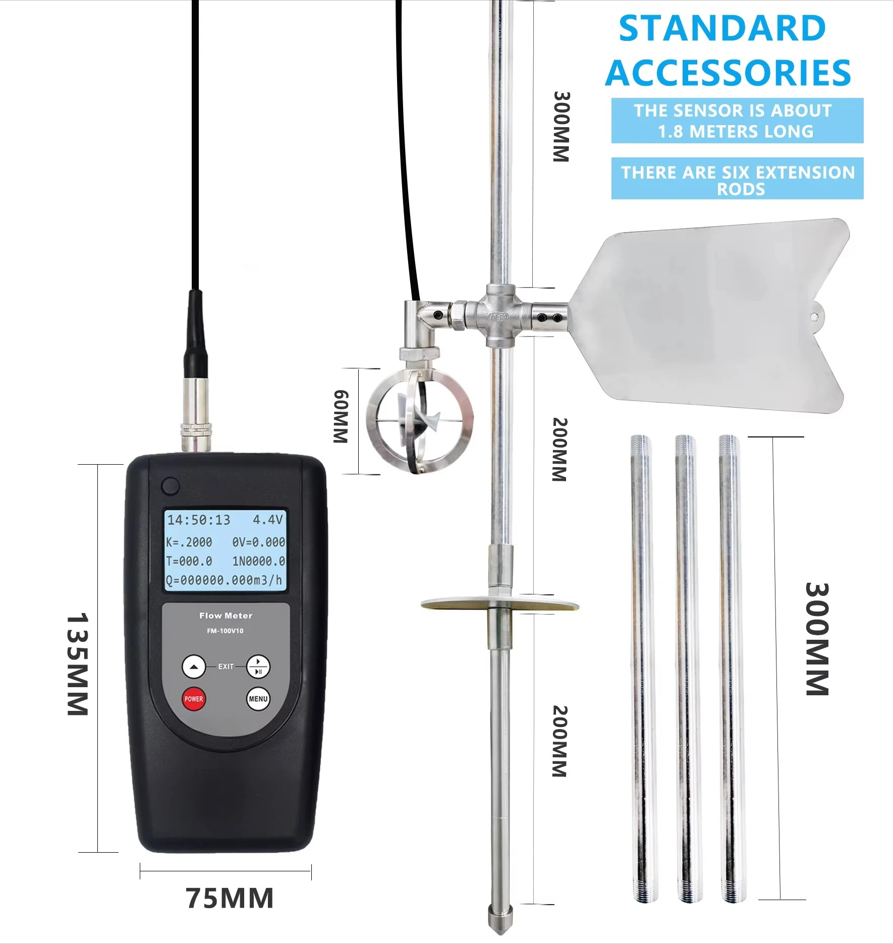 FM-100V10 portable flowmeter, handheld fluid flow measurement instrument for the 0-10m range