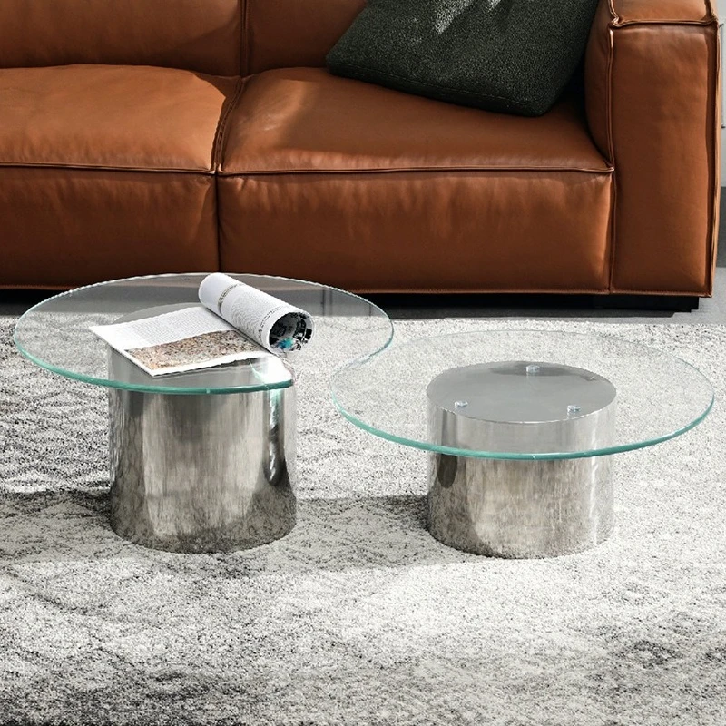 

Tempered glass round coffee table, living room, home use, high and low combination edge table, stainless steel round table