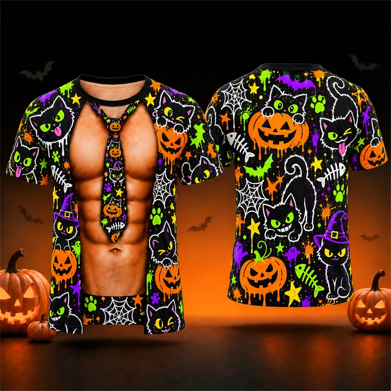 Halloween Gothic T Shirt Men 3D Muscle Body Pumpkin Raven Skull Potion Print Short Sleeve Horror Party Costume Streetwear Top
