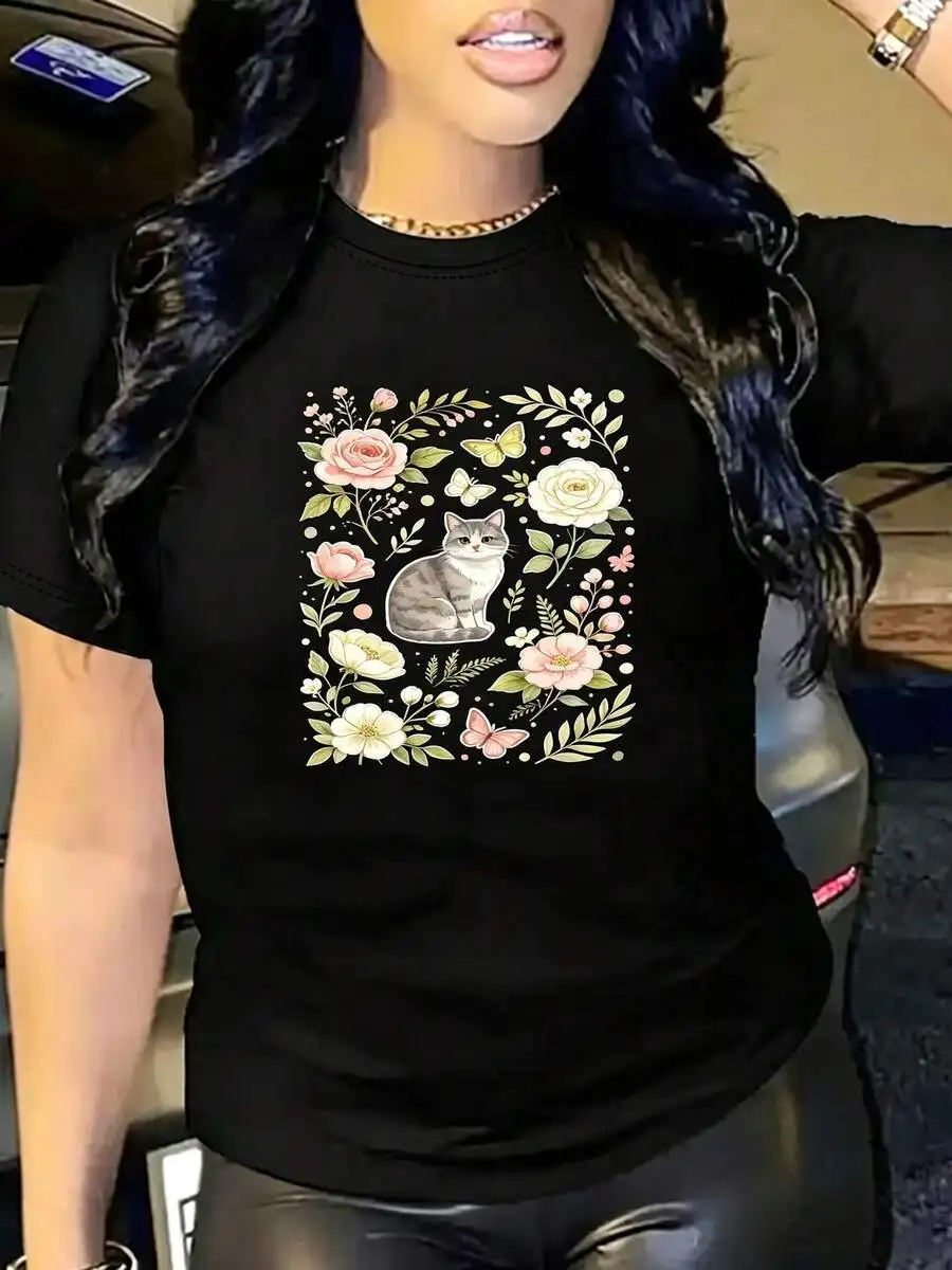 Women's Crew Neck Short Sleeve Graphic T-Shirt, Cute Floral Grey Cat With Roses & Butterflies Print, Spring Summer Casual Wear, Gift For Cat Lovers Tops For Ladies
