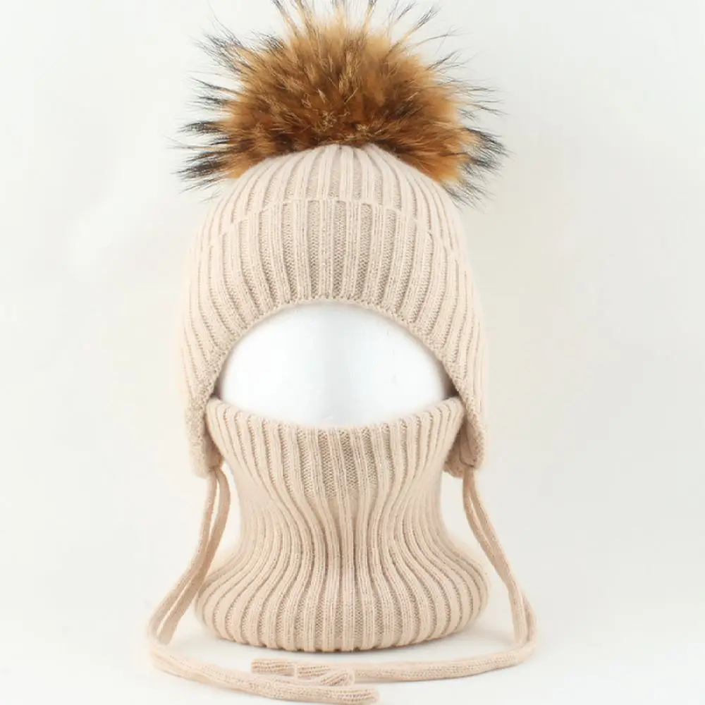 Childrens Winter Warm Knitted Beanie Set Real Pom Pom Hat Scarf Thick Soft Plush Lined Outdoor Gift For DANCHAOFAN