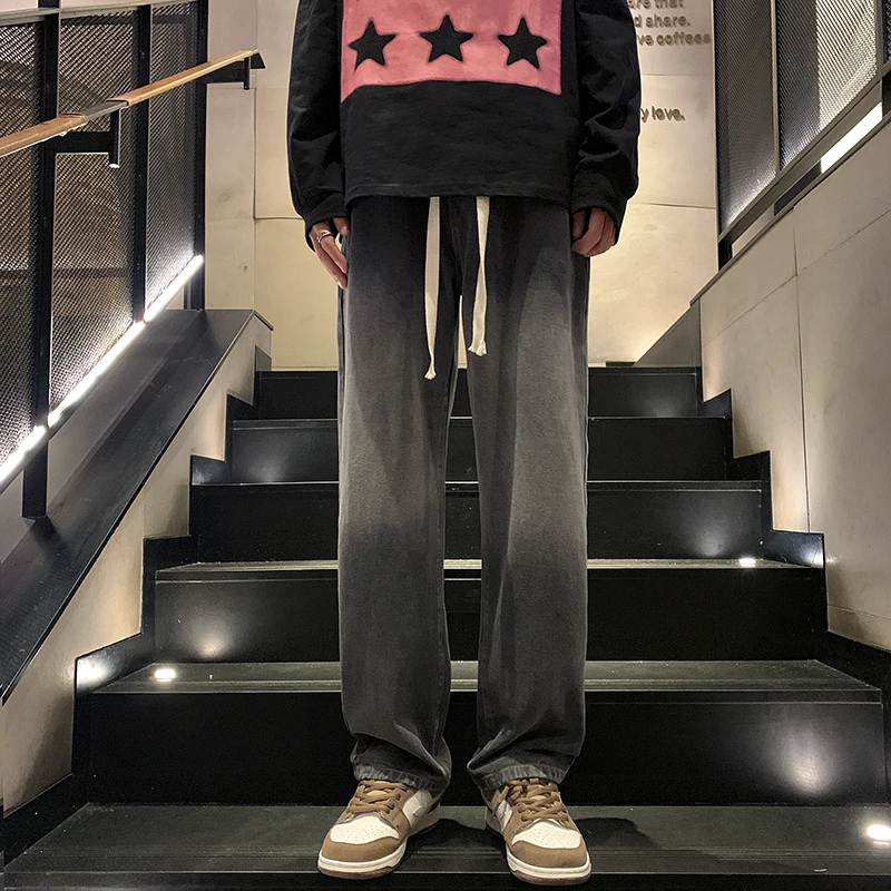 

aduated Men's Jeans Straight Loose Wide Leg Pants Floor-Length Trousers Trendy American Retro High Street Vibe Spring Autumn