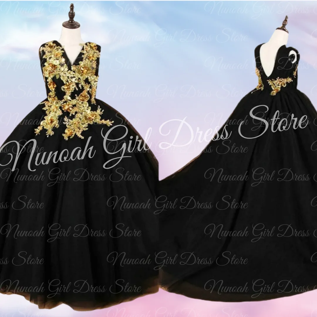 

Black Flower Girl Dresses for Wedding Gold Lace Appliques Floor Length Gown for Photoshoot First Communion Gowns Customized