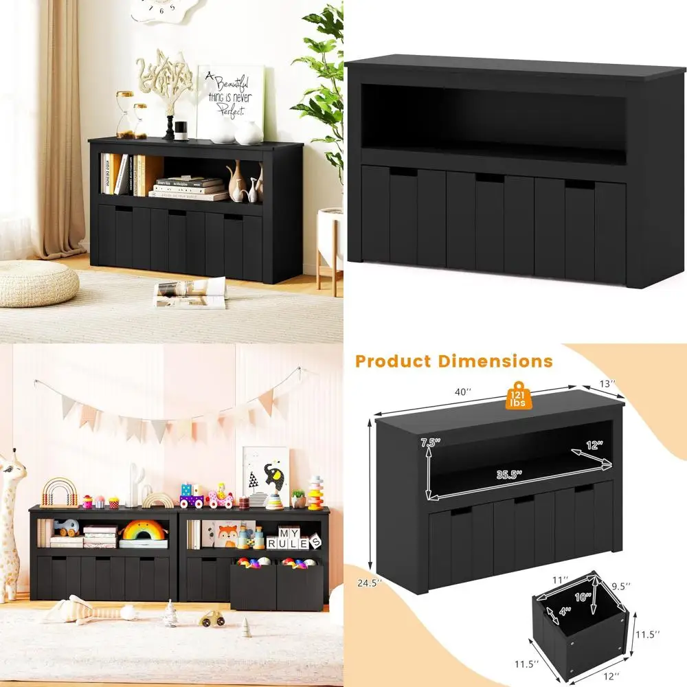 

Compact Kids' Bookshelf with Detachable Drawers for Playroom and Living Room Storage (Black, 40 Wide)