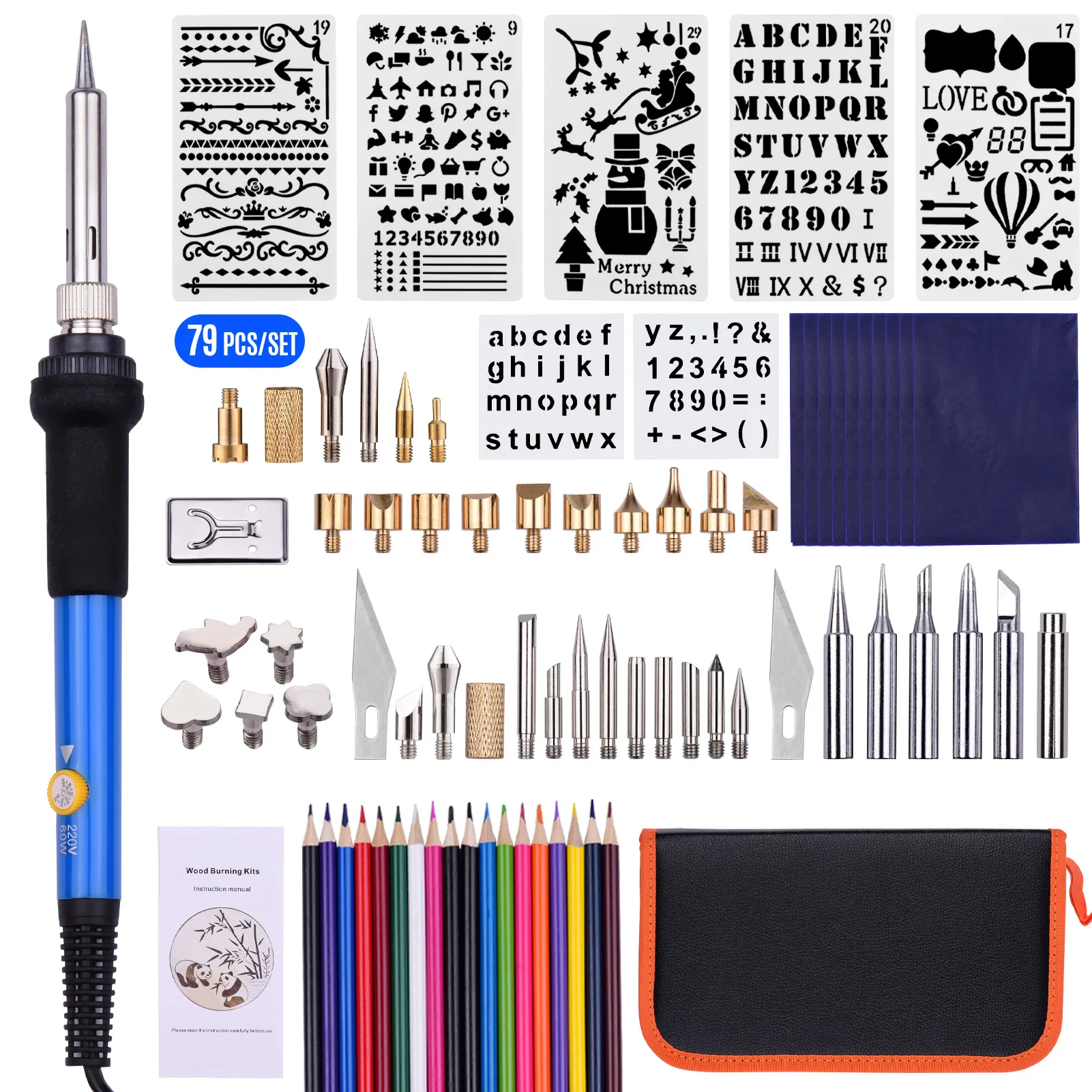 79PCS Wood Burning Tool Kit Professional Pyrography Pen Soldering Iron Set Temperature from 200-450℃ for Wood Carving Embossing