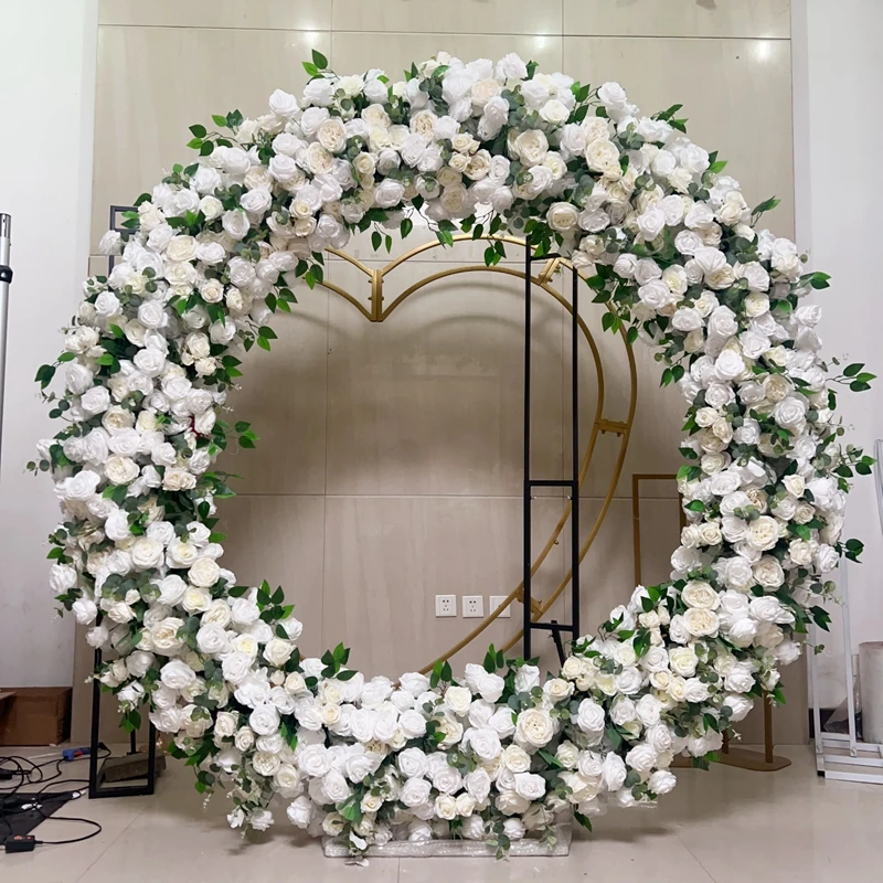 

ROCAN Beige White Round Flower Arch Artificial White And Green Rose Wedding Arch Moon Gate Flower Metal Arch For Wedding