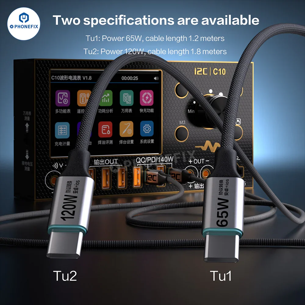 I2C Turbo TU1 TU2 1.2/1.8 Meters 65W 120W High Power Universal Flash Fast Charging Cable for IOS Android Mobile Phones Repair
