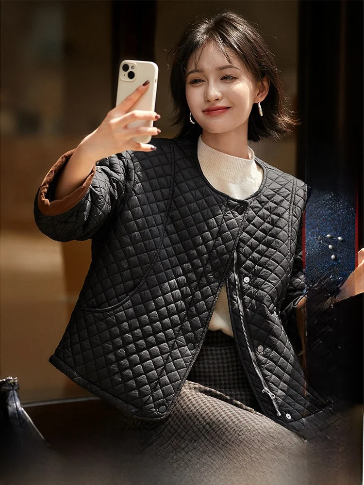 

Lightweight Quilted Cotton Jaet Diamond Pattern Thin Cotton Outerwear Xhange Mountain Wild Sle Commute OL Loose Fit Long ...