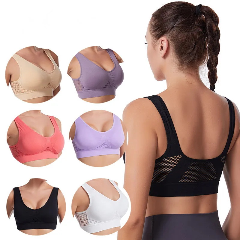 Women Sports Bra Crop Top Fitness Gym Runing Sportswear Wireless Hollow Mesh Yoga Bra Sports Underwear Push Up