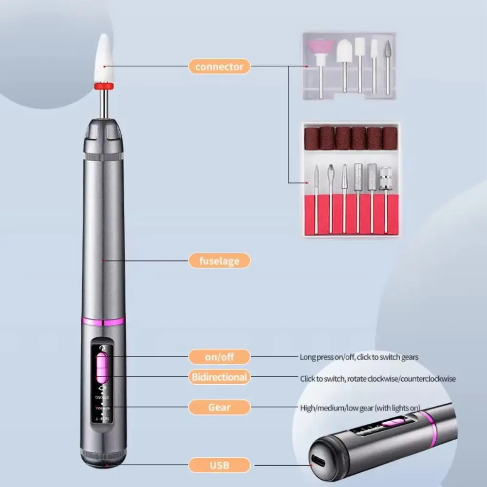 Trapano Elettrico per Unghie ad Alta Velocità, Attrezzatura Professionale Portatile per Manicure, Bassa Rumorosità, 3 Velocità, Lucidatrice Elettrica per Unghie