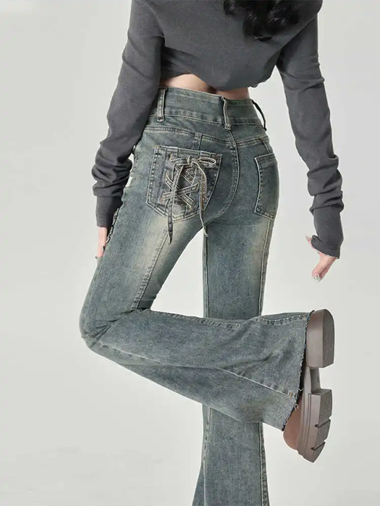 

Black Washed Vintage American Street Spice Girls Y2k Long Pants Women Trendy Design Versatile Slim Fit High Waisted Flared Jeans