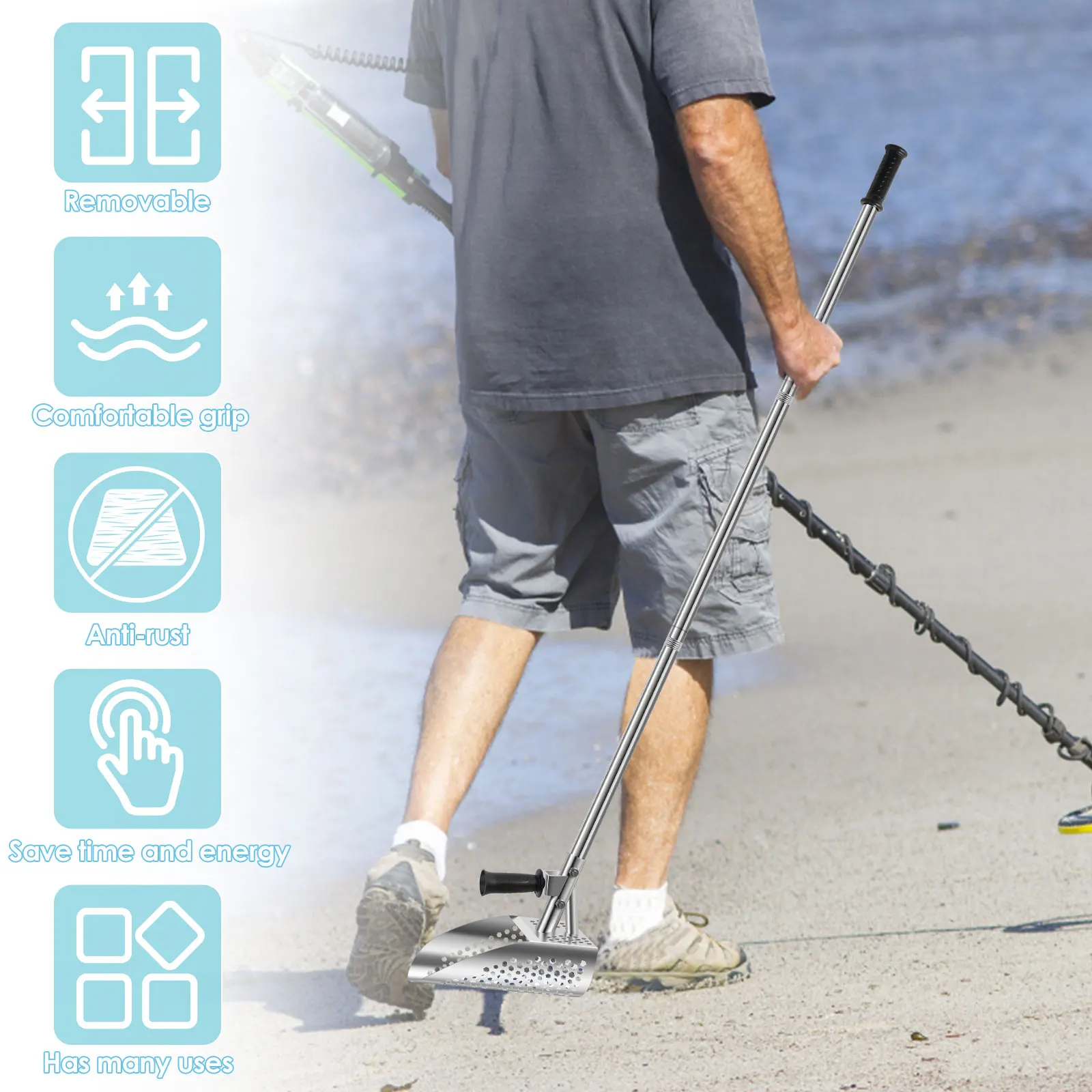 55in Beach Treasure Hunting Sand Scoop Metal Detecting Sand Scoop with Removable Long Handle Rustproof Handheld Detector Shovel
