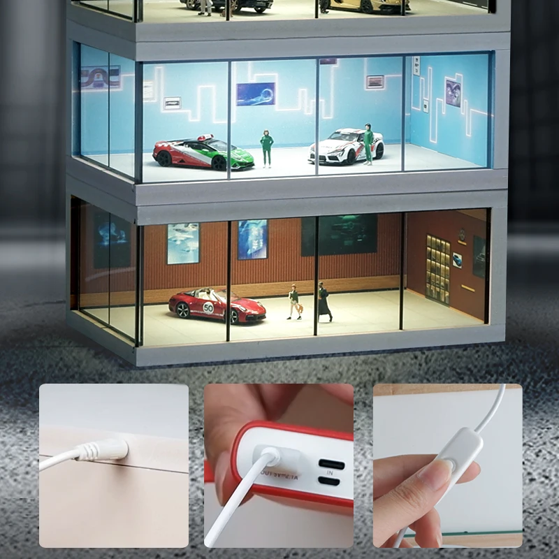 1:64 Display Case with USB Lights 1/64 Scale Diecast Model Car Storage Car Showroom Scene Diorama Parking Garage for HotWheels