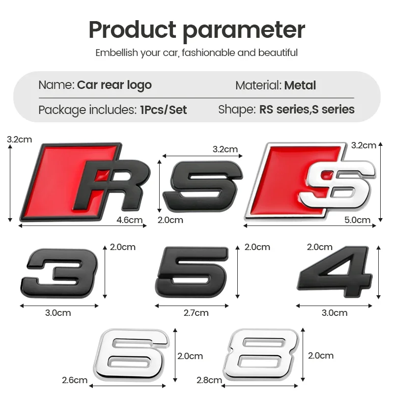 

For Audi A3 A4 B8 8P 8V B6 A5 A6 TT RS3 RS4 RS5 RS6 RS7 RS8 Badge Car Body Rear Trunk ABS Emblem Sticker Decoration Accessories