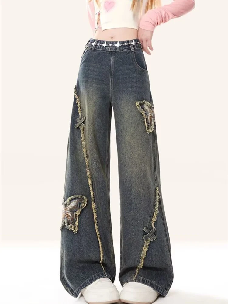 Y2K Butterfly Jeans Women American Retro Micro Flared Spring Autumn High Waist Loose Wide Leg Floor Pants