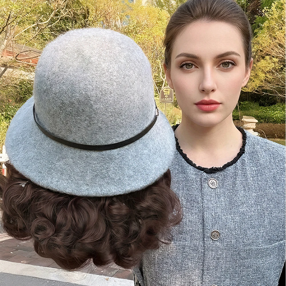 vintage elegant wool small hat Synthetic integrated Hat wig Autumn And Winter fisherman's hat Warm hat wig for women daily wear