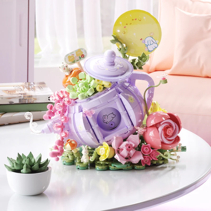 878ピース クリエイティブフラワーワークショップ 組み立てブロック 女の子の誕生日プレゼント 照明付きフラワーティーポット ウサギ 月 可愛いモデル組み立てブロック