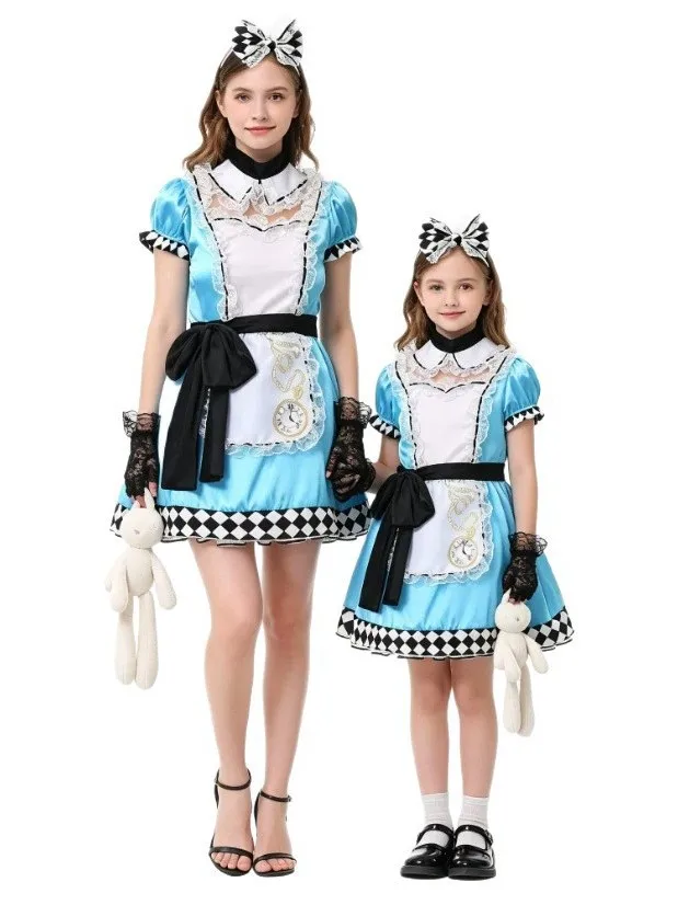 Princess Alice in Wonderland Blue White Pinafore Children's Dress Five Piece Set Polyester Fiber Gored Skirt Photography Outfit