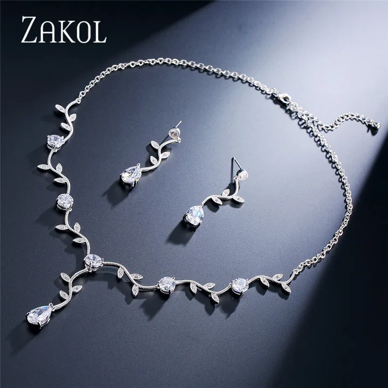 ZAKOL klasyczny biały różowe złoto kolor cyrkonia zestawy biżuterii ślubnej kształt liścia Choker kolczyki suknia ślubna dla kobiet
