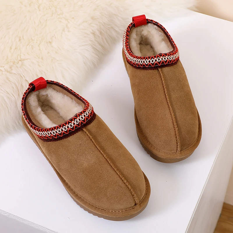 Cow Suede Leather Women\'s Slipper Ladies Indoor/Outdoor Short Mini Boots Comfy Fur Fleece Lined Female Ankle Boot