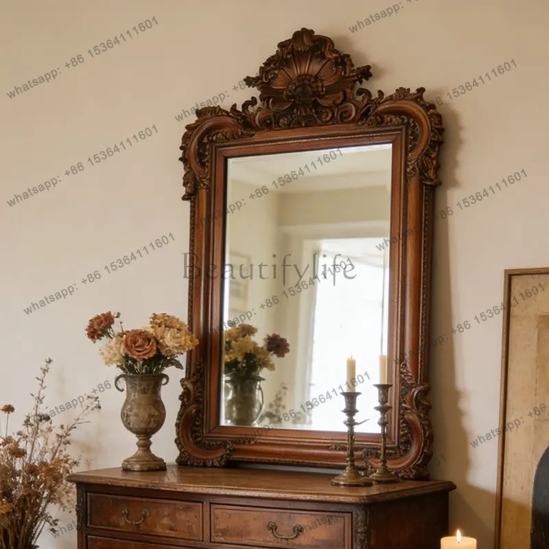 French household living room entrance decorative mirror American wooden frame carved bathroom mirror