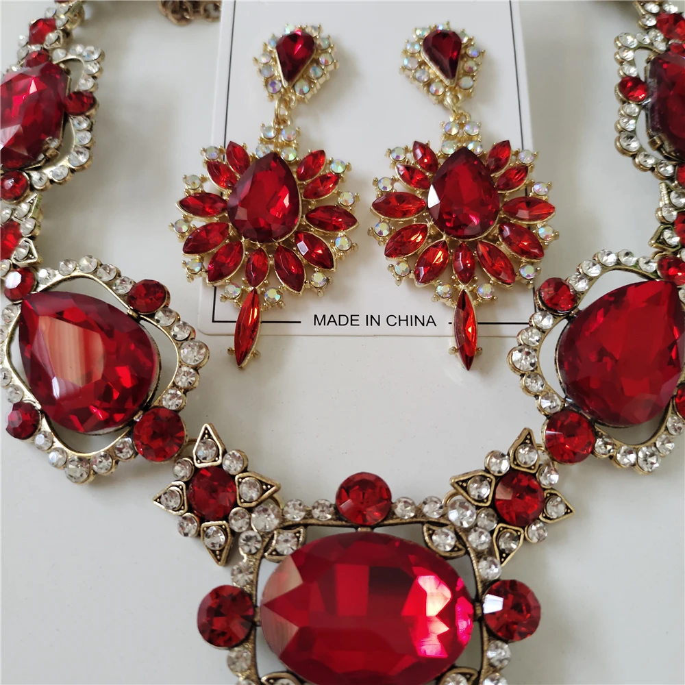 2024 New Trend Red Crystal Rhinestone Necklace Earrings Women Jewelry Sets Indian Statement Large Collar Wedding Choker Necklace