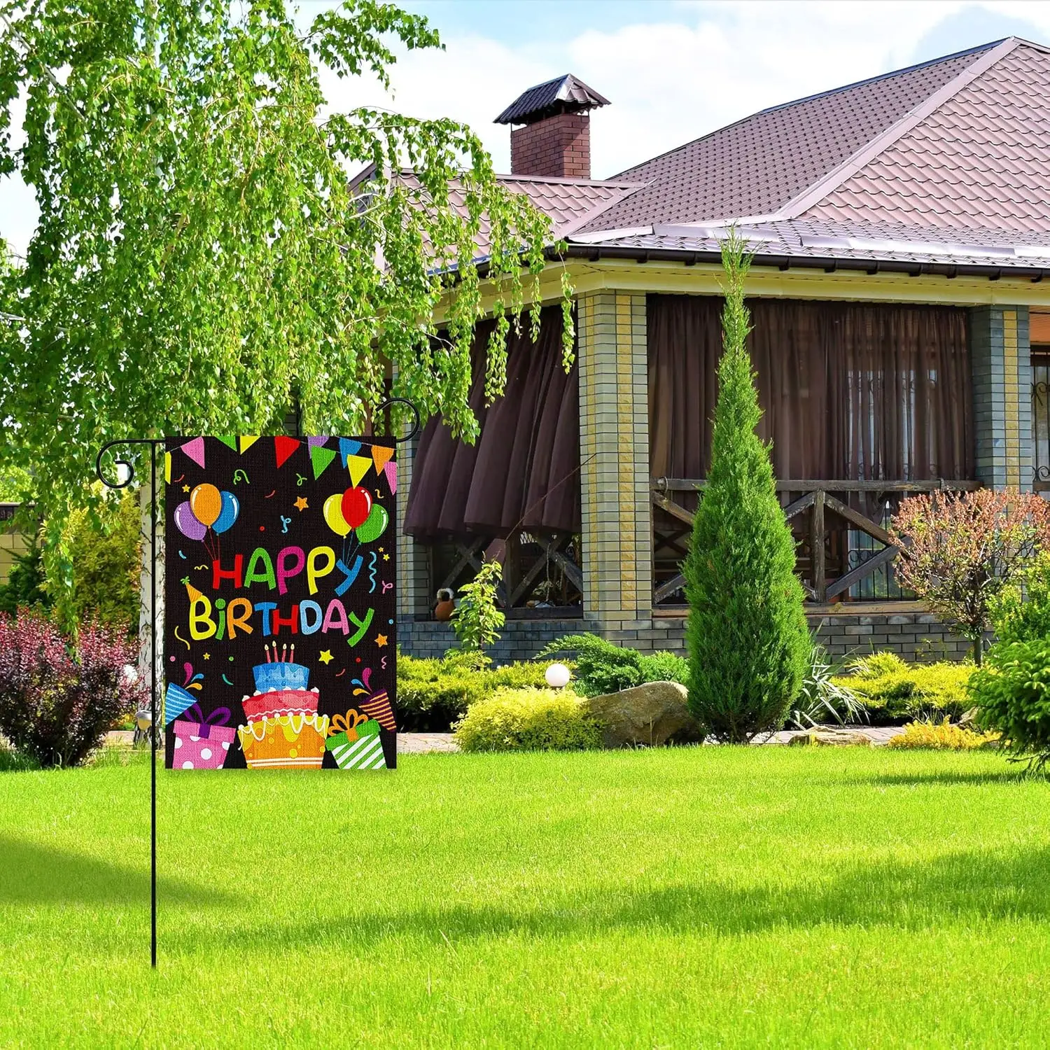 X1zuue Happy Birthday Garden Flag Burlap Yard Signs Vertical Double Sided Readable Birthday Cake Banner House Flags Poster P WZZ