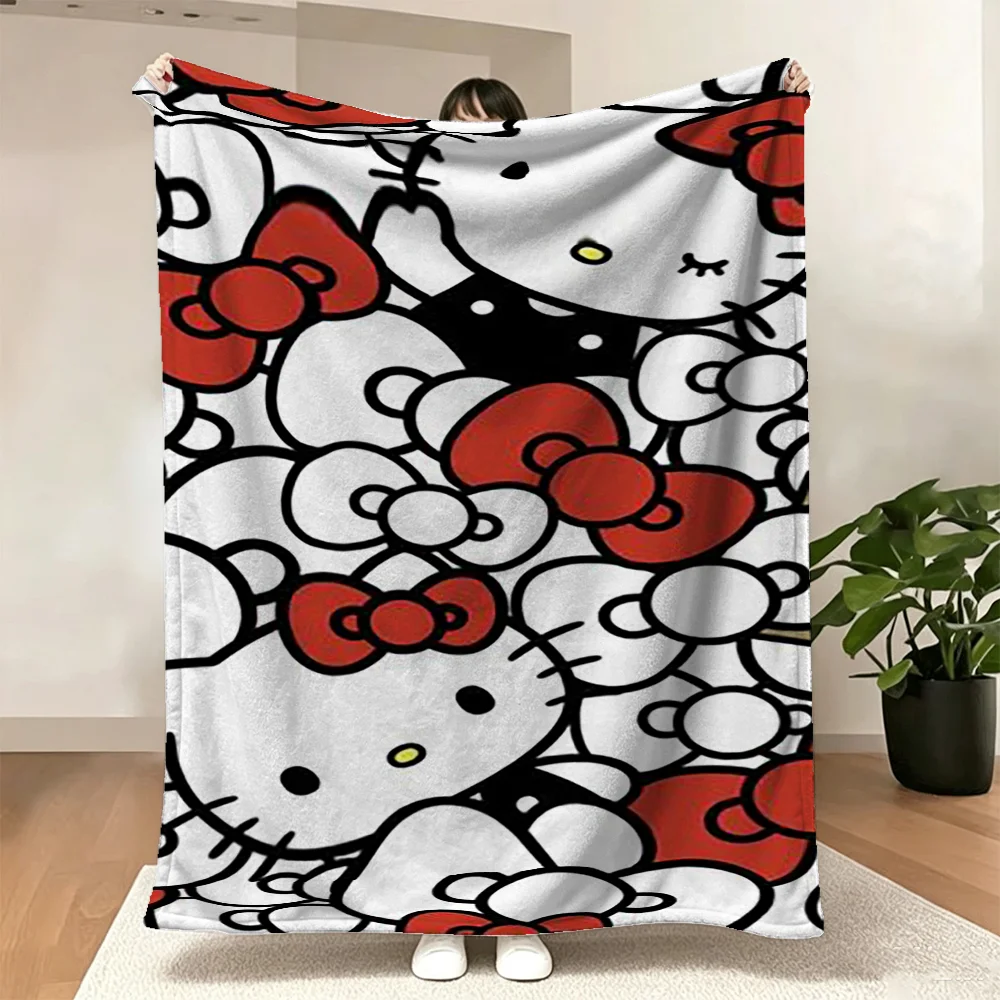 Soft Flannel Throw Blanket Cartoon Cat Red Bowknot Print Warm Fleece Blanket for Sofa Bed Living Room Home Decor