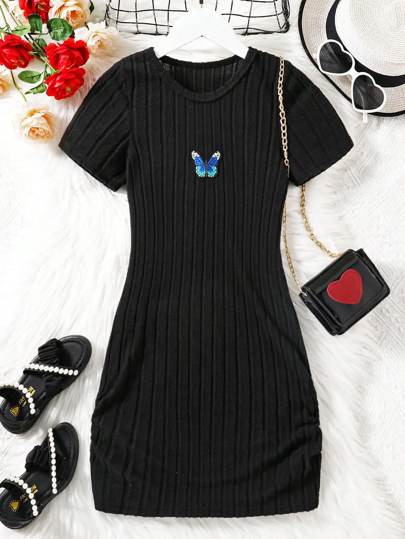 Body idle solid color black short sleeved fluffy dress butterfly fashion elegant middle-aged and young children\'s dress