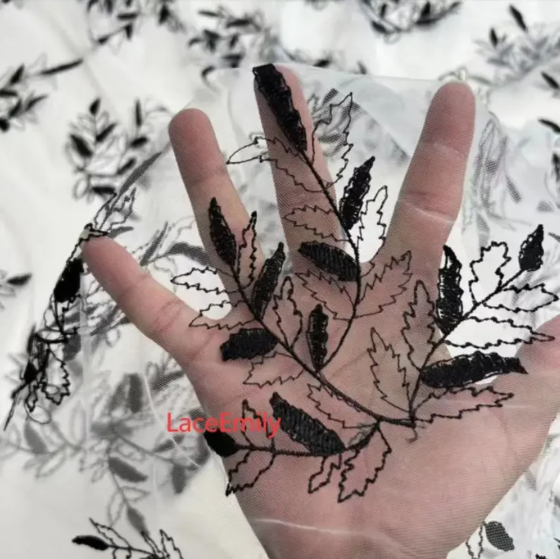 

Black leaf flower Embroidery Lace Fabric Floral White beige black Tulle Fabric For Girl Dress Tutu Dress Wedding Dress Bridal