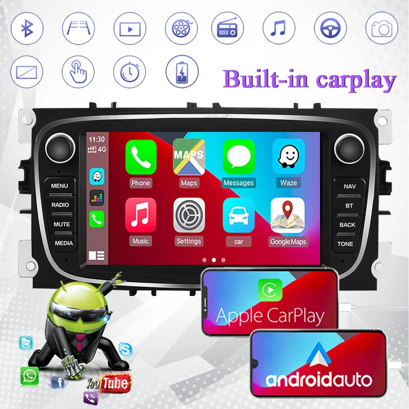 2Din 7 Inch Android 9.0 Car Radio Built‑in Carplay GPS 1G+16GB for Ford Focus C‑Max S‑Max