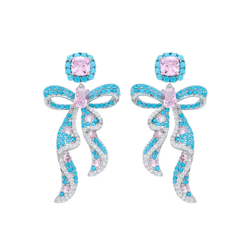 

FXLRY Luxury Bow Ribbon Water Drop Zircon S925 Silver Needle Zircon Earrings For Women