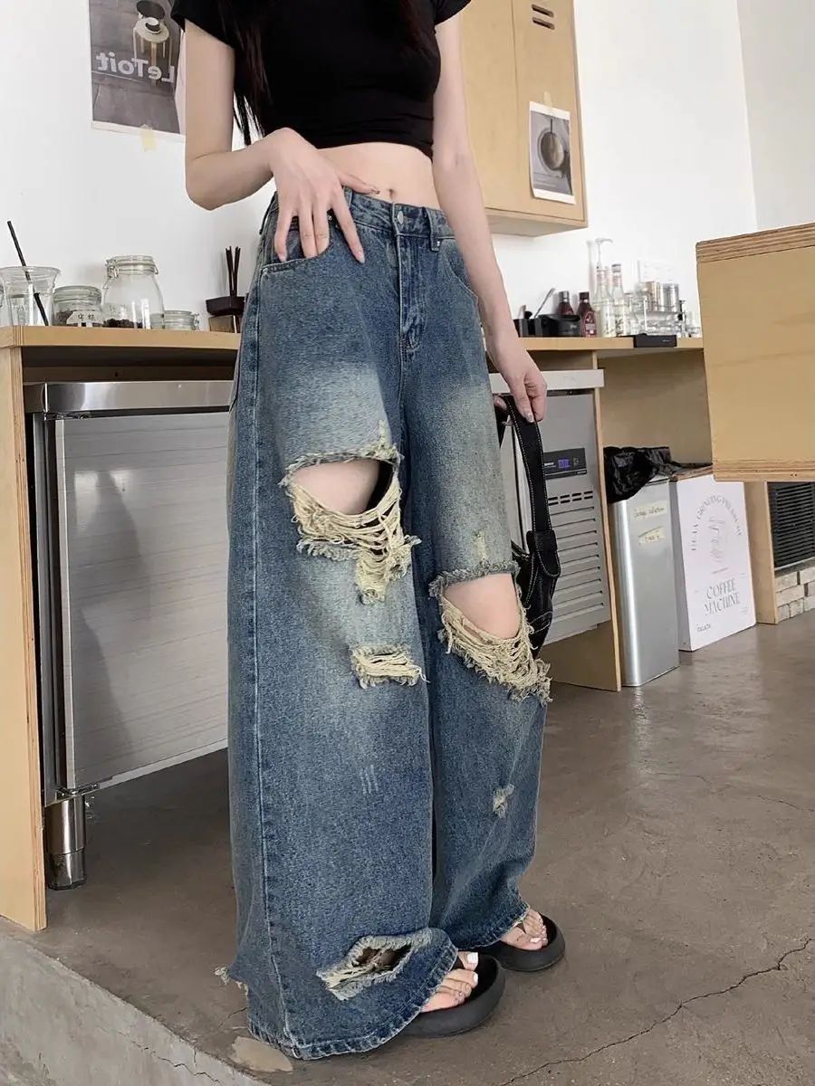 

Retro Hole Denim Jeans High Waist Loose Straight Leg Wide Leg Pants Casual Slimming Autumn New Style American Design