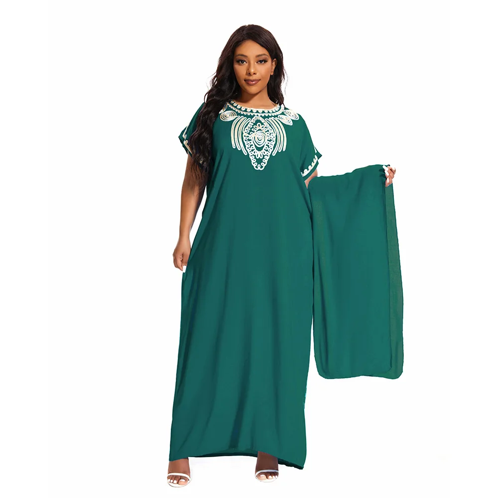 Abayas For Women Dubai Kaftan Cotton O-neck Jilbab Embroider Robe African Loose Traditional Long Dresses With Turban Moroccan