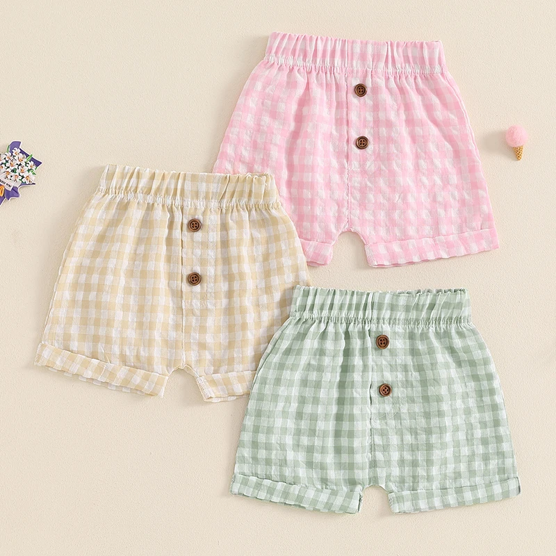 Short imprimé à carreaux pour garçon et fille, pantalon court, ourlet jambes, bouton, ceinture élastique