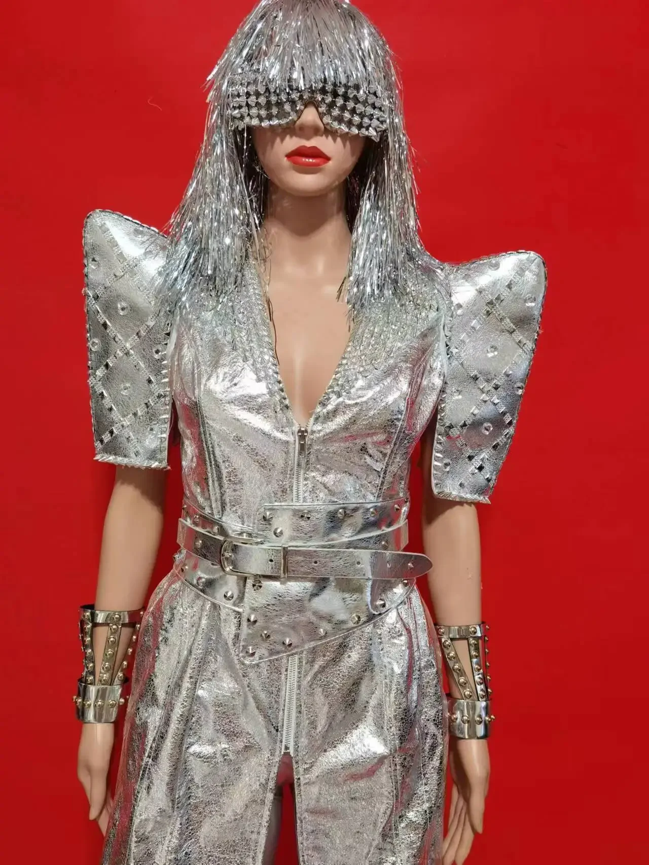 Flying Shoulder Coat Gogo Dance Clothing Nightclub Bar Dj Ds Rave Outfit Silver Rivet Jacket Singer Dancer Stage Costume