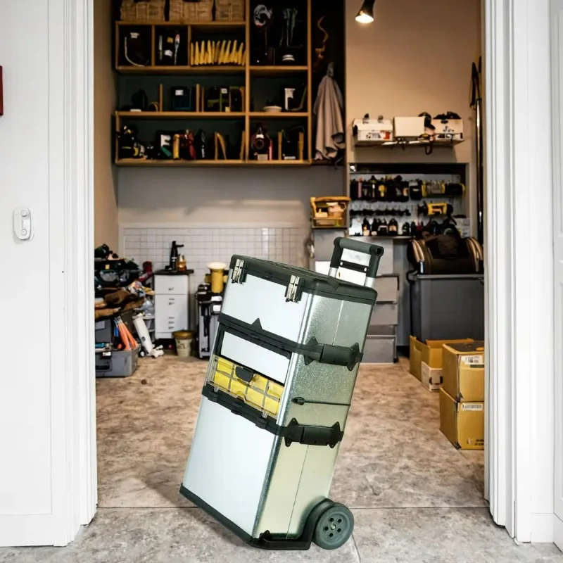 MJ-3166 Telescopisch handvat 23-inch trolleyboxopslag / 580x350x838mm Metalen gereedschapskist met wielen