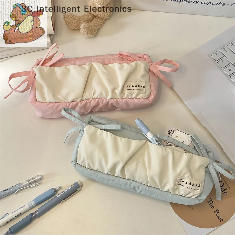 Ins Style Blue Bow Pencil Case Cute Multi Functional Large Capacity Stationery Organizer Storage Bag Student Pen Bag Makeup Bag