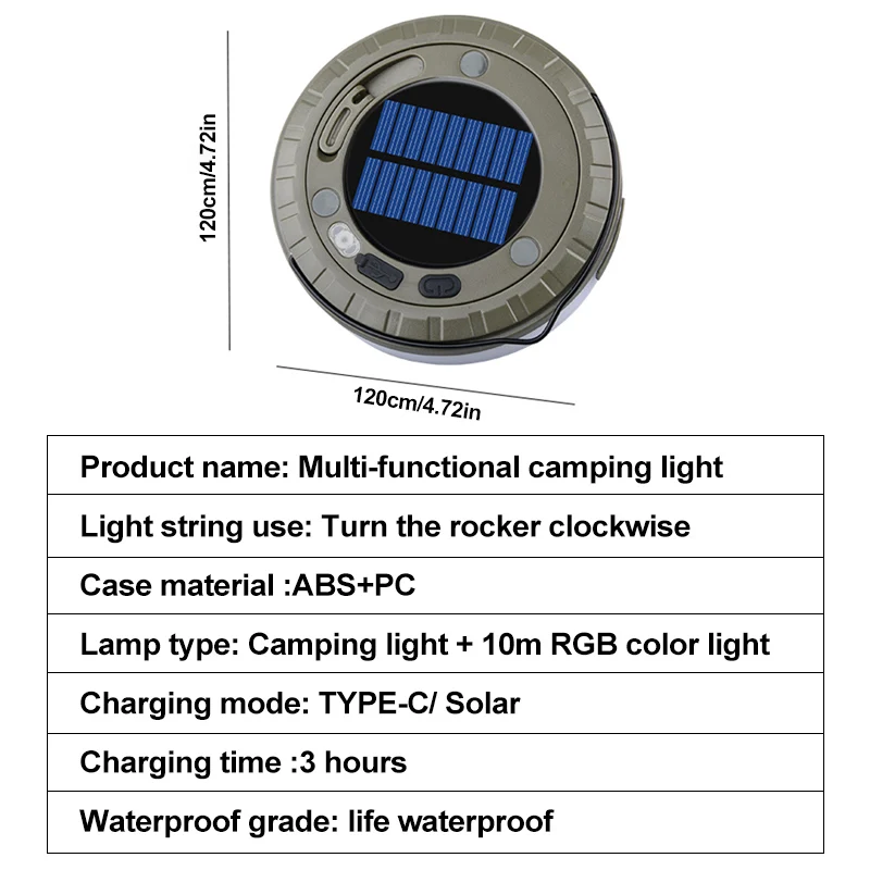 Solar 8 mode LED camping light belt, 10M length back magnetic hook outdoor waterproof tent decorative light string