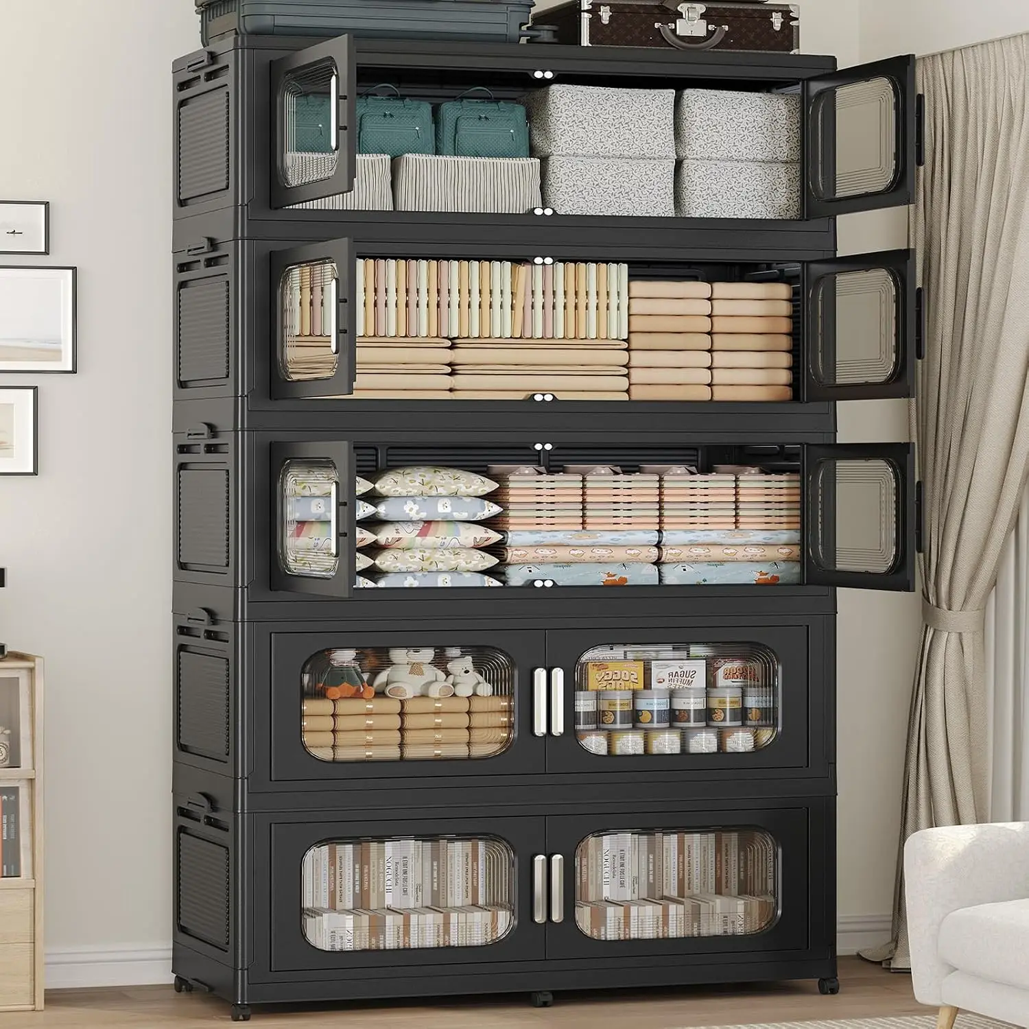 Extra Large Stackable Storage Bins with Lid & Wheels, 5-Tiers Collapsible Organizers for Home Bedroom, 250Gal, Black, Customized