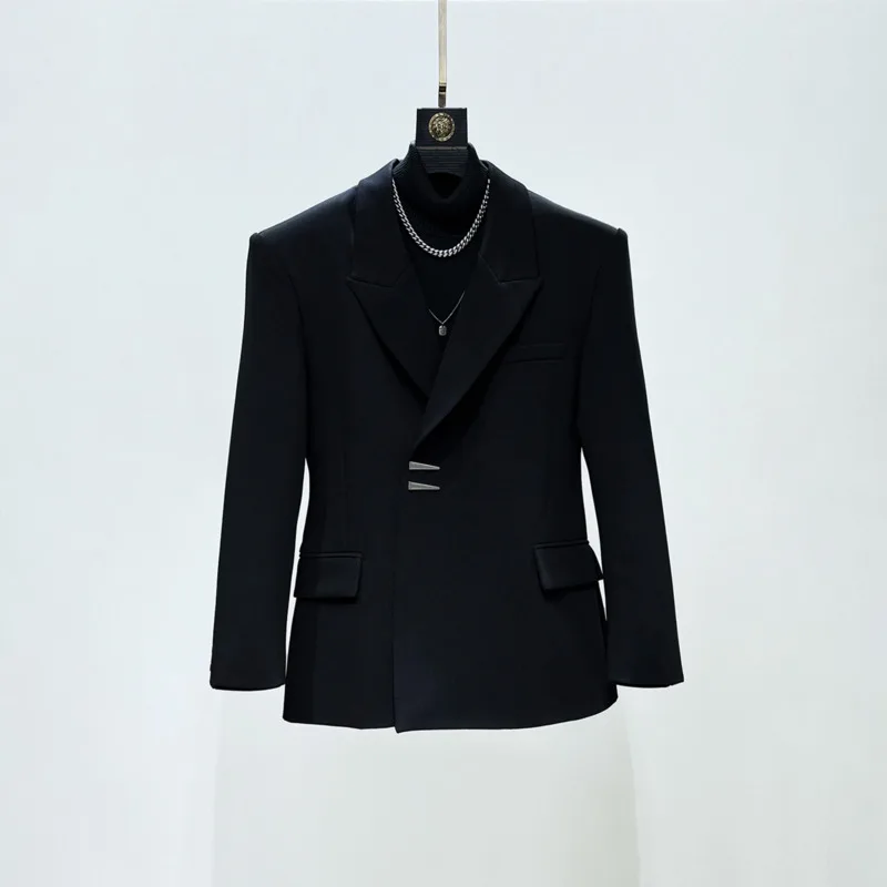 WVGA Spring Autumn New Men Tide Product Metal Buckle Shoulder Padded Blazer Niche Casual Scarf Suit Pants Two Pieces Sets W18953