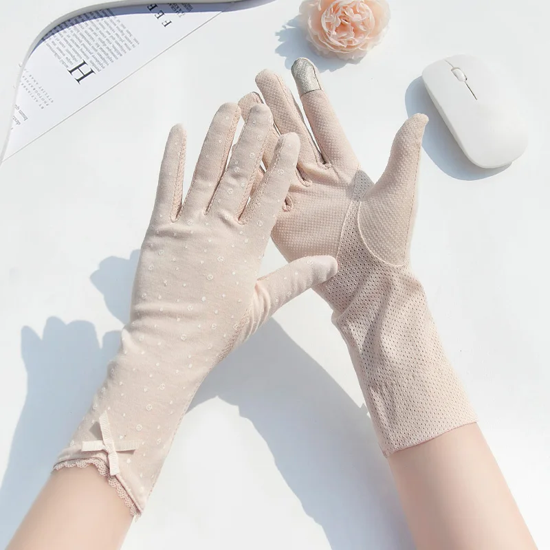 Guantes de algodón con estampado de ancla de puntos para mujer, guantes de conducción de longitud media, protección solar UV, pantalla táctil