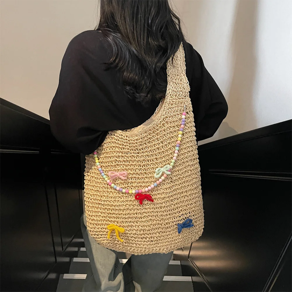 

Женская тканая соломенная сумка на плечо с красочной полосой, кошелек с бантом, застежка-молния, сумка-мессенджер для пляжных путешествий