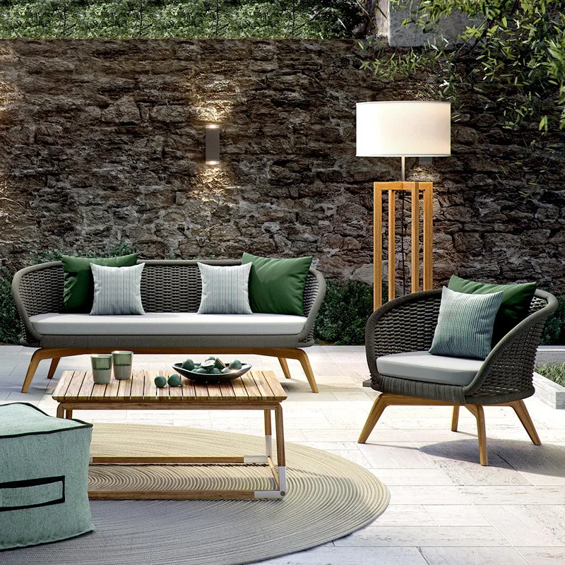 

Nordic teak outdoor sofa courtyard rattan chair double combination leisure garden balcony braided rope single rattan rocking cha