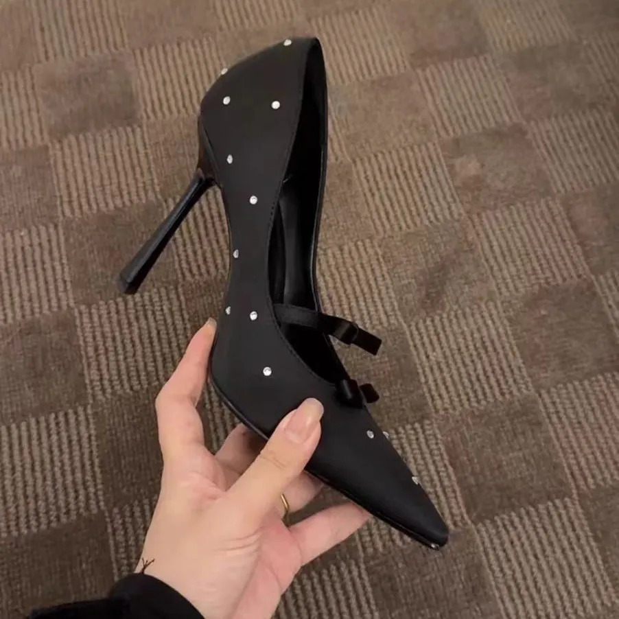 

Polka Dot French Bow Square Head Black Rhinestone Single Shoes Women's Shoes 2025 New High Heels