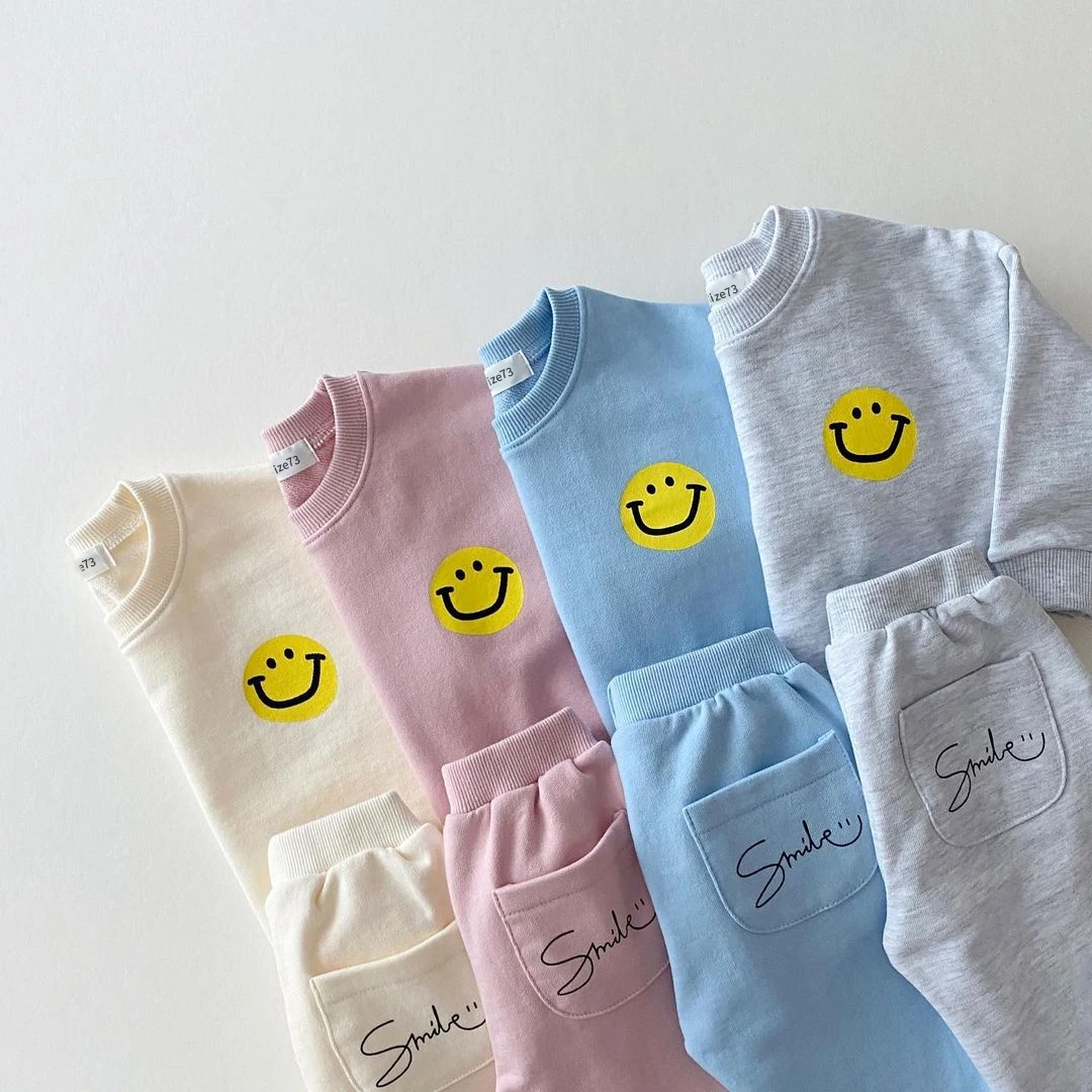 Korea Baby Boy Clothes Set Toddler Kids Clothes Cute Smiley Print Mock 2pcs Sweatshirt + Jogger Pant Baby Girl Tracksuit Outfits