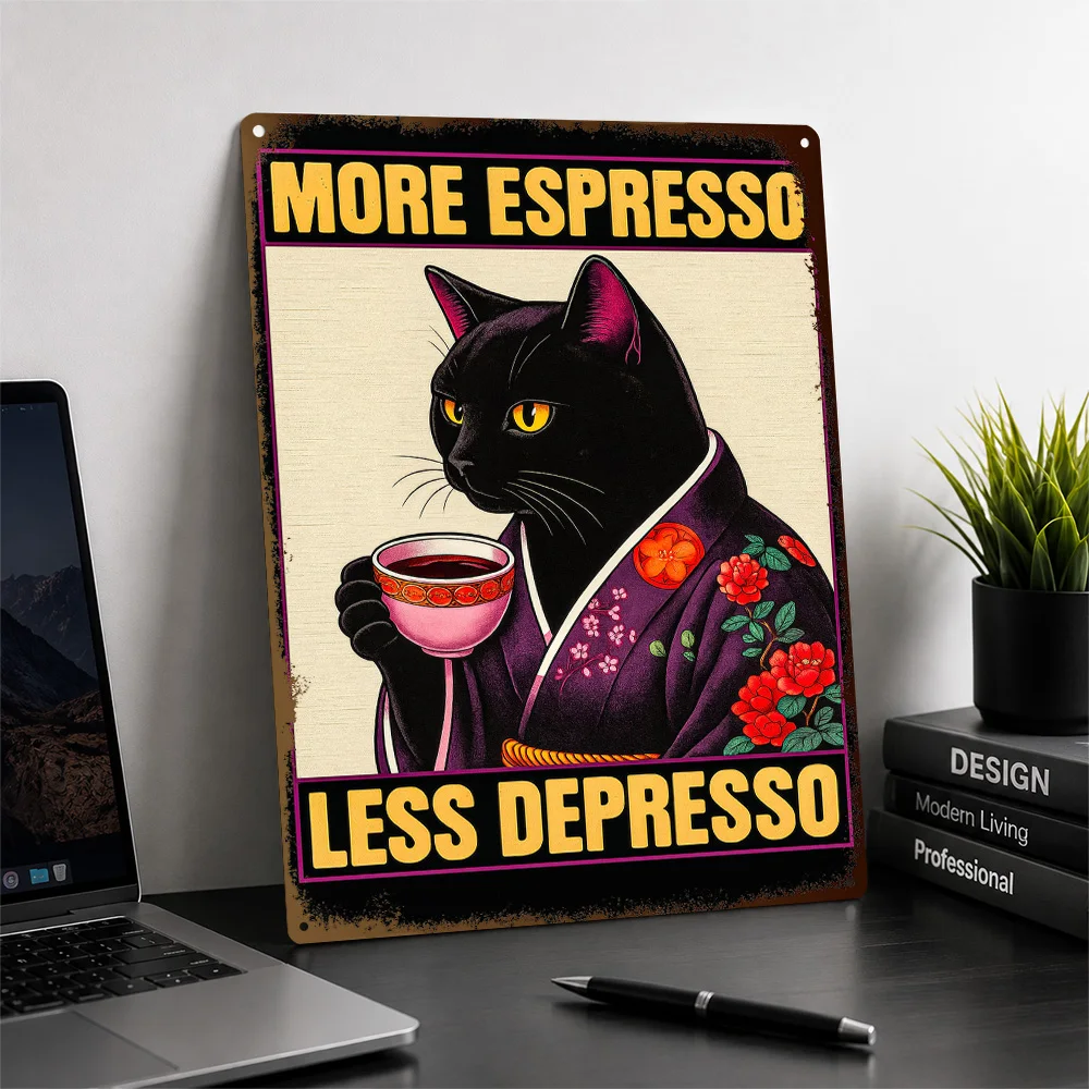 More Espresso Less Depresso Cat Textured Poster Personalized Metal Tin Sign Vivid Funny Kitchen Quote Wall Art For Coffee Fans
