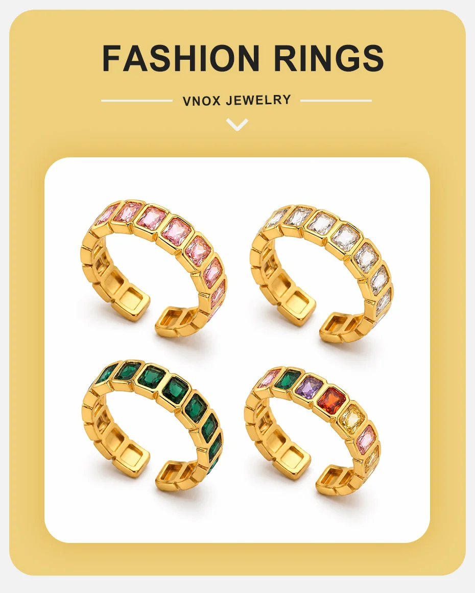 Vnox Offener Verstellbarer Ring, Vergoldetes Kupfer, Rechteckiger CZ-Band, Stapelbare Zirkon-Fingerringe, Modeschmuck Geschenk für Frauen – Detail 1